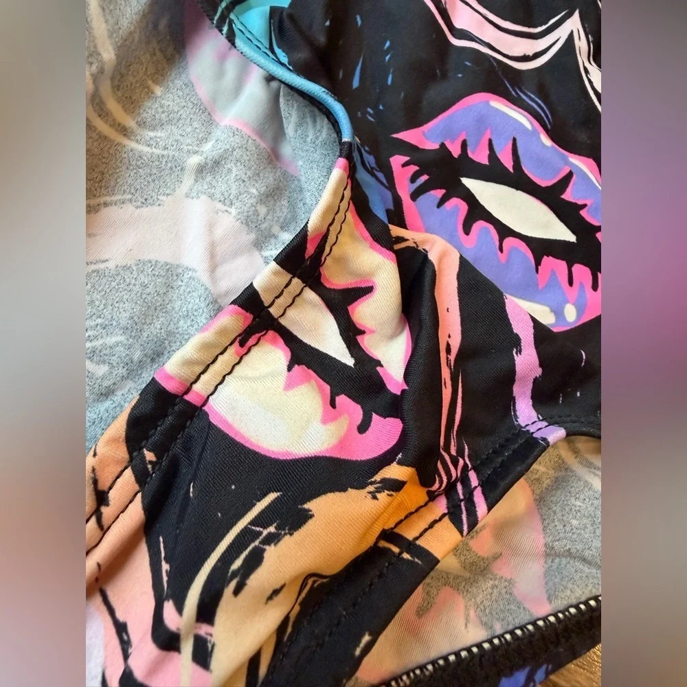 Girls' Black One-Piece Swimsuit with Colorful Lip Print